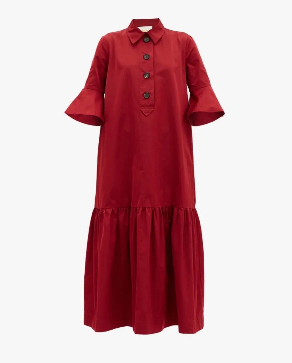 LaDoubleJ Artemis Fluted-Sleeve Maxi Button Up Shirt Dress Red Size Small